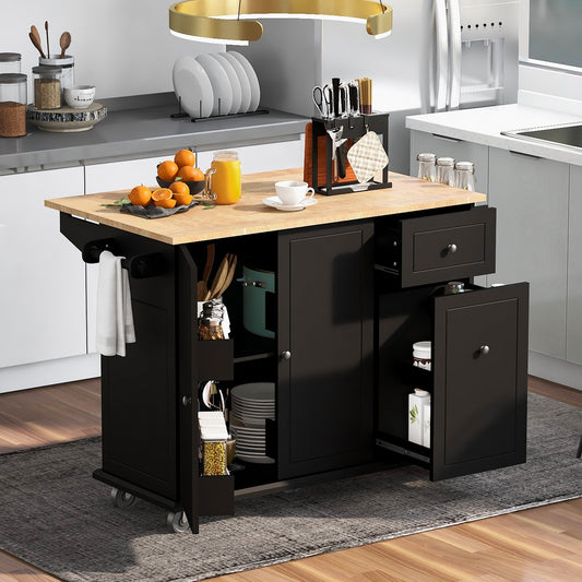 1st Choice Modern Black Kitchen Island Storage Cart with Drop Leaf