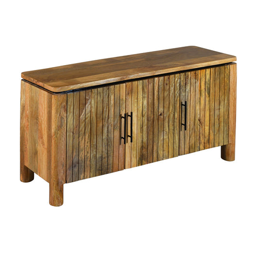 54 Inch Sideboard Console with 3 Grooved Cabinet Doors, Iron Handles, Natural Brown Mango Wood