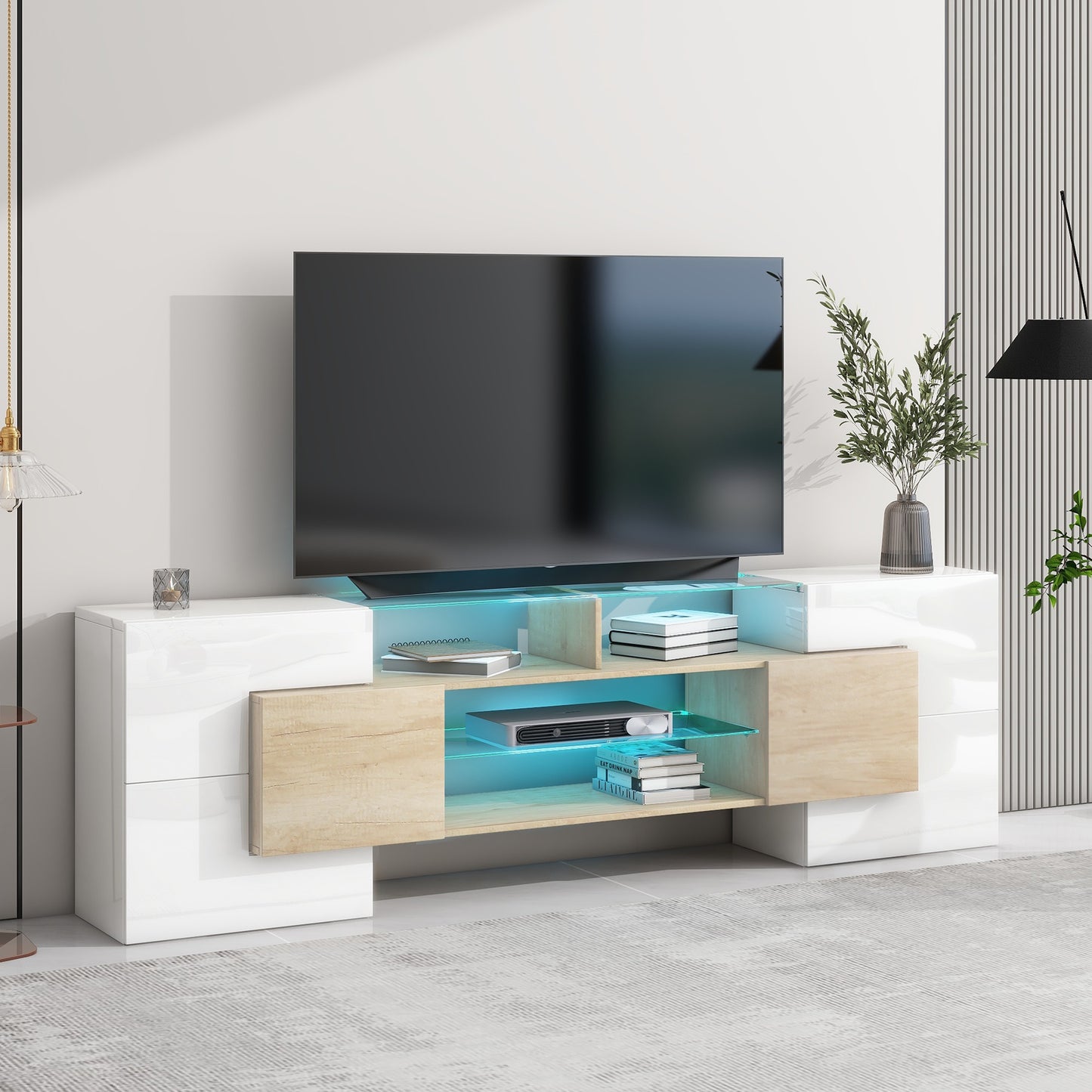 1st Choice Unique Shape TV Stand with 2 Illuminated Glass Shelves