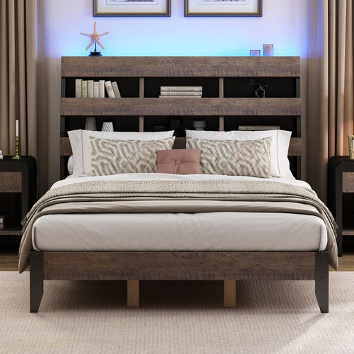 1st Choice Mid Century Modern Style Queen Bed Frame with Bookshelf