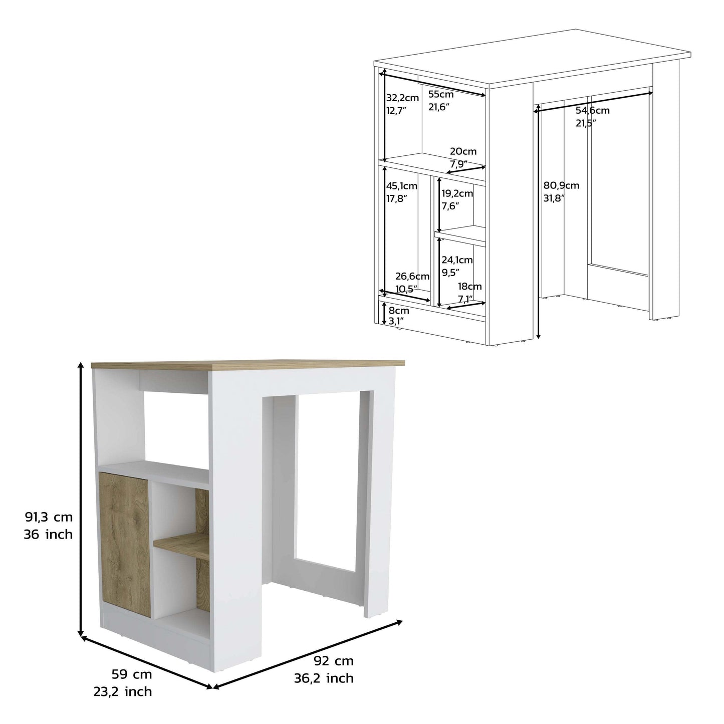 1st Choice Modern Masset Kitchen Island with Side Shelve in White