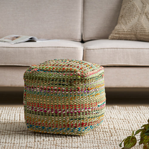 1st Choice Madrid Handcrafted Boho Fabric Pouf in Sage and Multi-Color