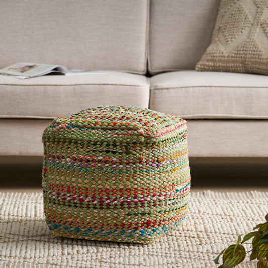 1st Choice Madrid Handcrafted Boho Fabric Pouf in Sage and Multi-Color