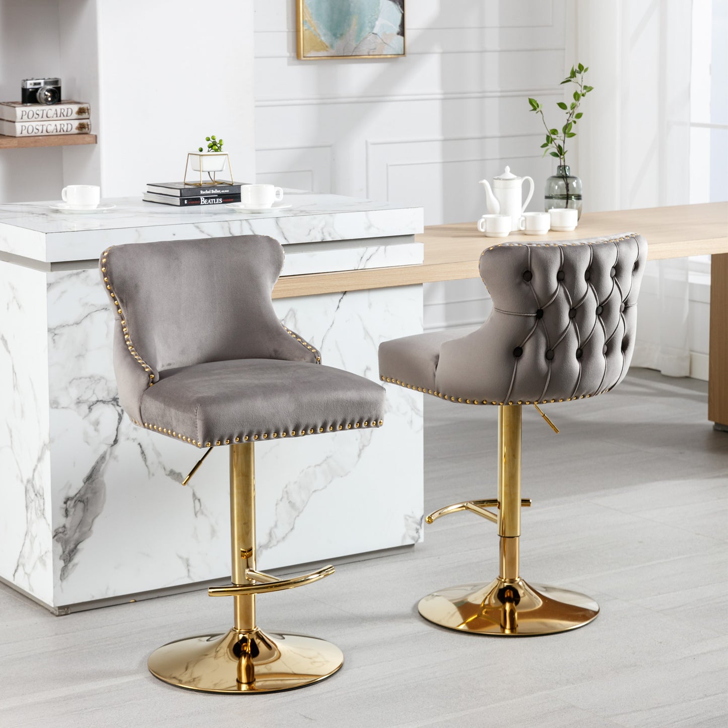 Seat Wide19.3 inches,Golden Swivel Velvet Barstools Adjusatble Seat Height from 25~33 Inch, Wing-Back Upholstered Bar Stools with Backs Comfortable Tufted for Kitchen Island or Bar,Gray,Set of 2