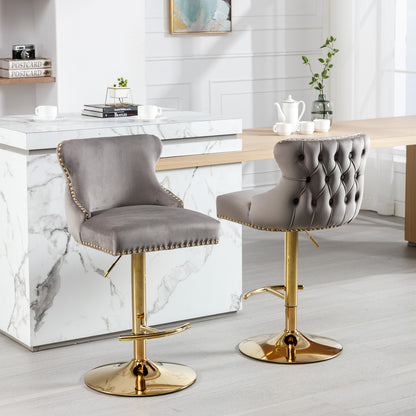 Seat Wide19.3 inches,Golden Swivel Velvet Barstools Adjusatble Seat Height from 25~33 Inch, Wing-Back Upholstered Bar Stools with Backs Comfortable Tufted for Kitchen Island or Bar,Gray,Set of 2