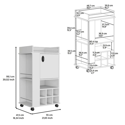 1st Choice Fraser Bar Cart with 6 Built-in Wine Rack Casters in White