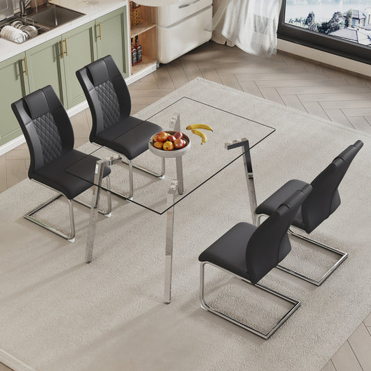 1st Choice Modern Glass Dining Table with 4 Black Dining Chair Set
