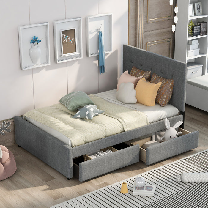 1st Choice Linen Upholstered Full Platform Bed With Headboard and Two Drawers