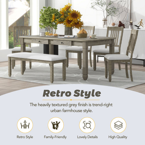 1st Choice 6-Piece Retro 72'L Rectangular Dining Table Set with 4 Drawers