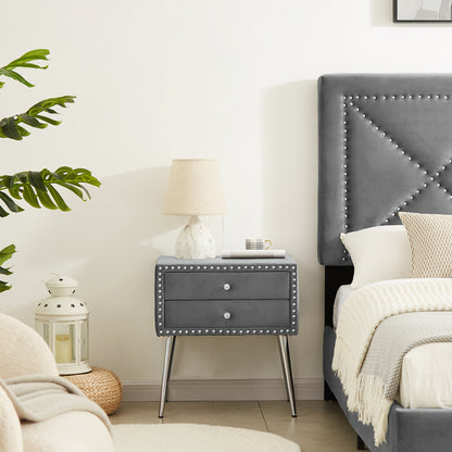 1st Choice Durable Elegant Grey Velvet Nightstand in Classic Silver