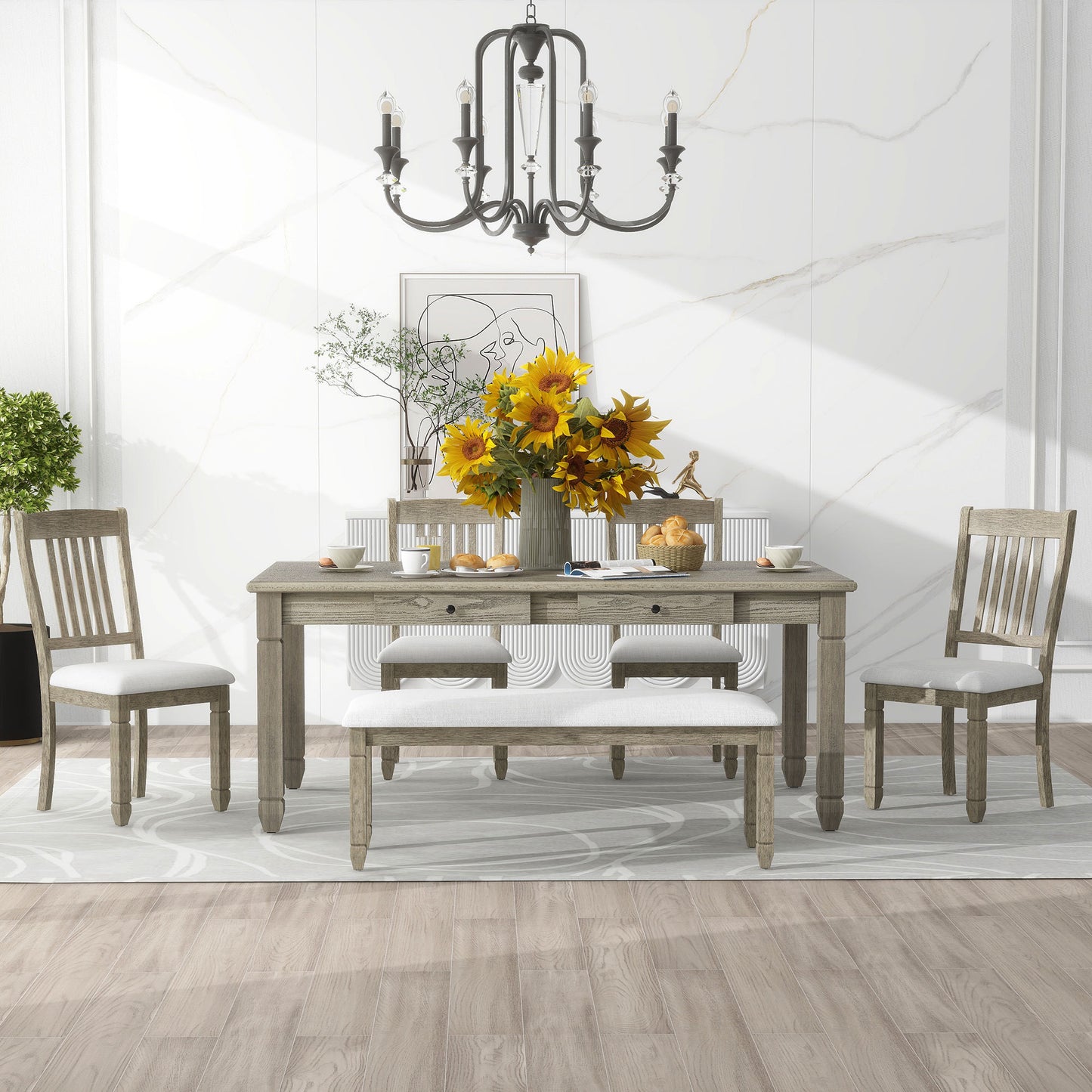 1st Choice 6-Piece Retro 72'L Rectangular Dining Table Set with 4 Drawers