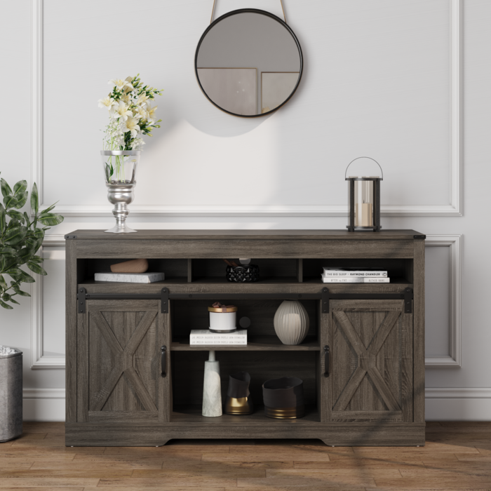 1st Choice 58" Farmhouse Double-Door Three-Layer TV Cabinet in Dark Gray