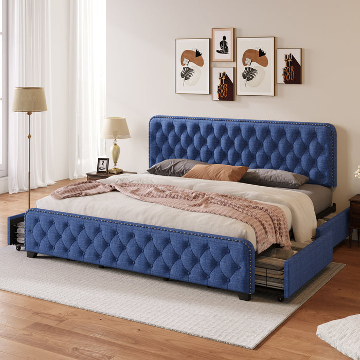 1st Choice Upholstered Platform King Bed Frame with Four Drawers in Blue
