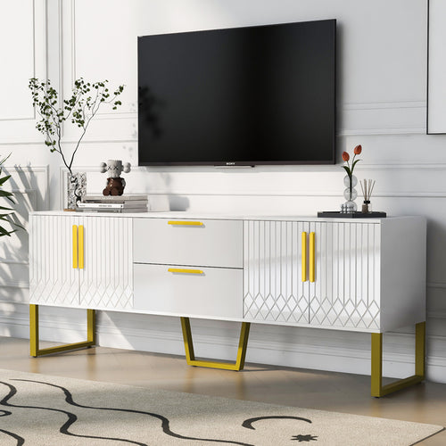 U-Can Modern TV Stand for TVs up to 75 Inches, Storage Cabinet with Drawers and Cabinets, Wood TV Console Table with Metal Legs and Handles for Living room, White
