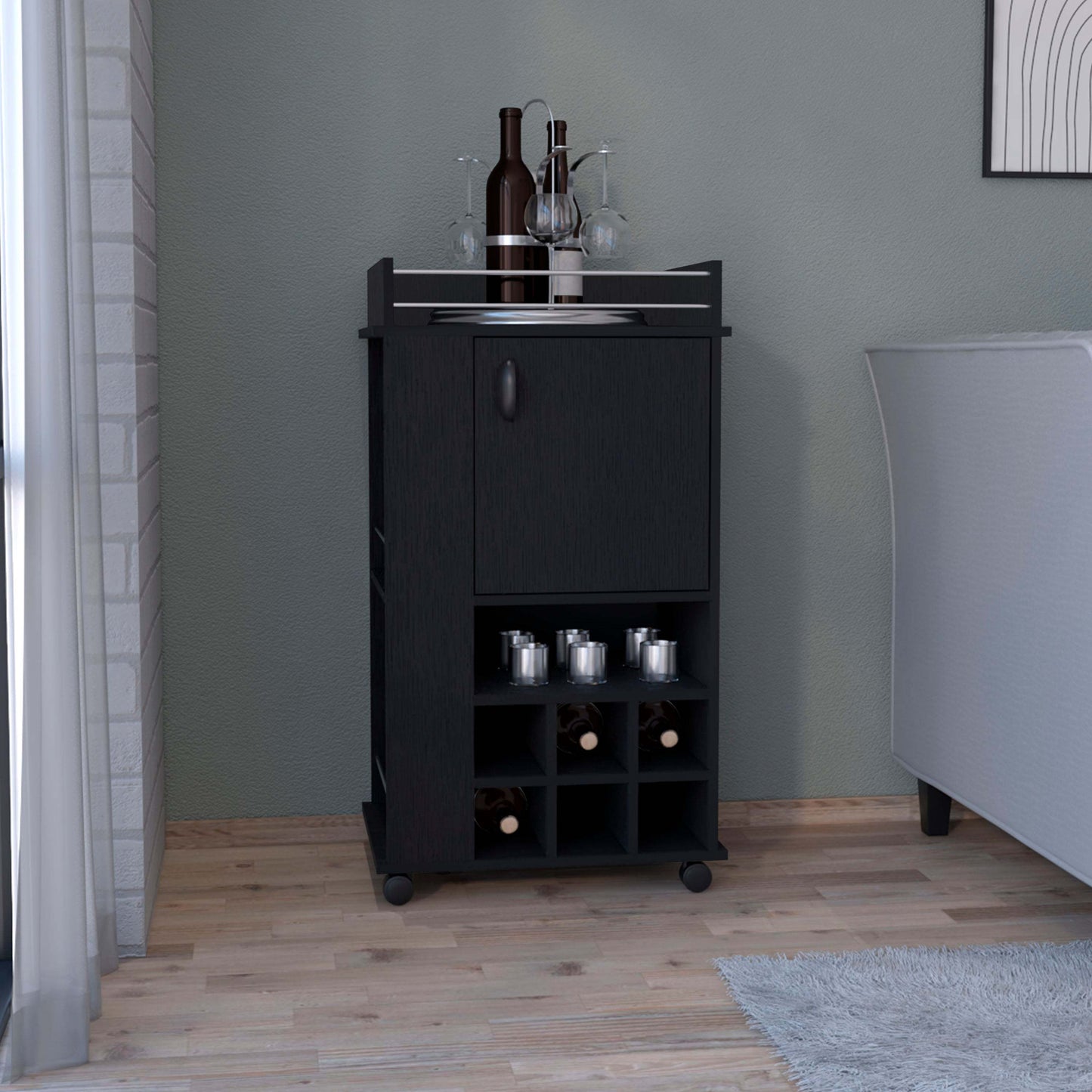 1st Choice Fraser Bar Cart with 6 Built-in Wine Rack and Casters in Black