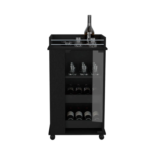1st Choice Lansing Bar Cart with Glass Door, 2-Side Shelves Casters, Black
