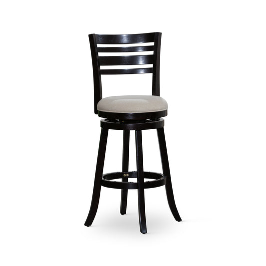 30" Bar Height Slat Back Swivel Stool Espresso Finish Beige Fabric