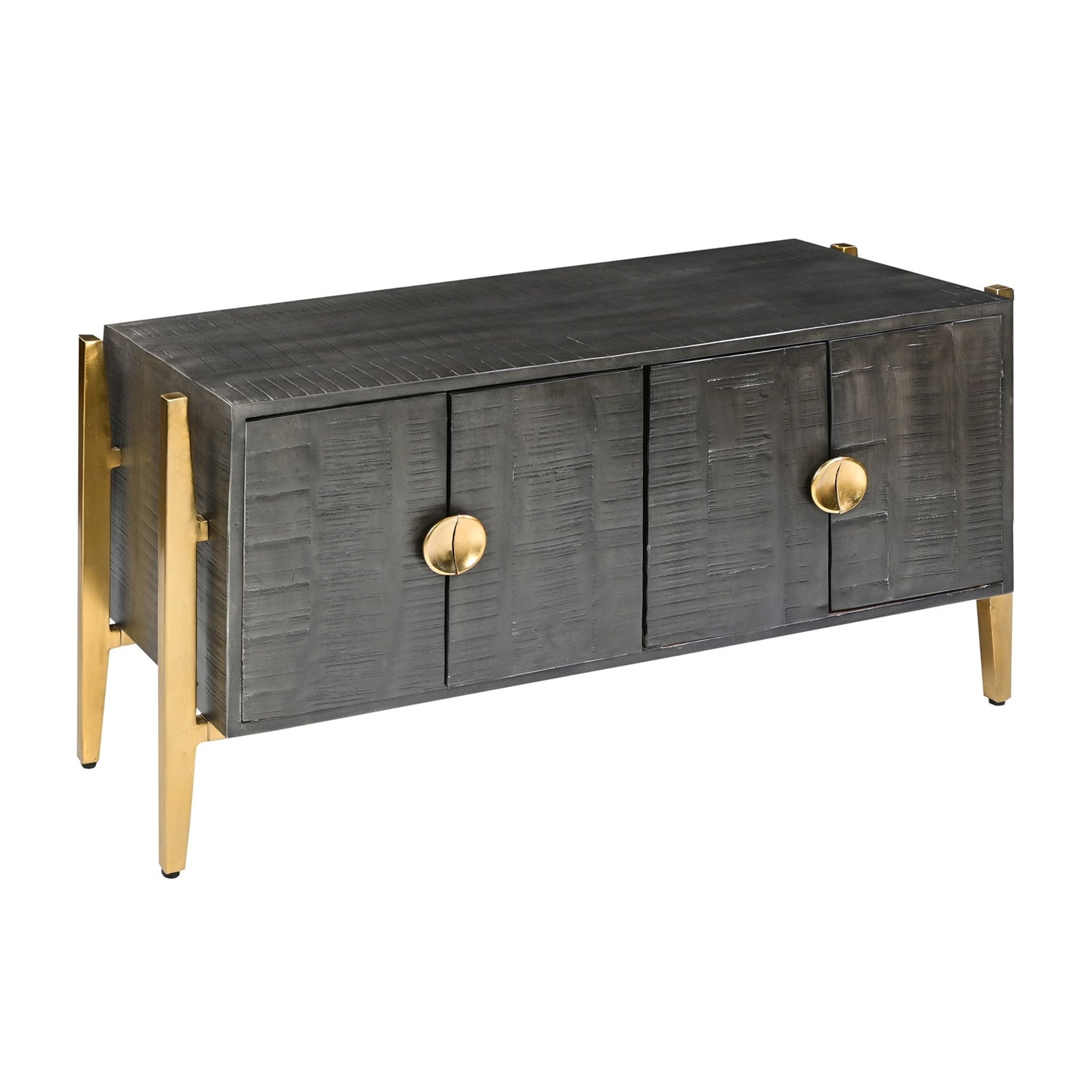 Tali 48 Inch Accent Sideboard Buffet Cabinet, 2 Doors with Gold Round Handles, Saw Marked, Charcoal Gray Acacia Wood